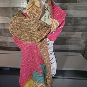 Vibrant Pink and Gold Kantha Scarf